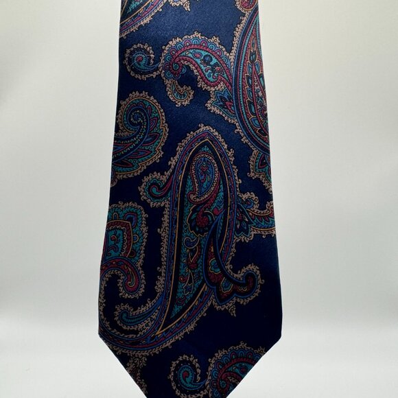 Lanvin Silk Paisley Tie โ Blue, Tan, Red, Green (Muted) 1970s Made in Canada - Picture 5 of 6